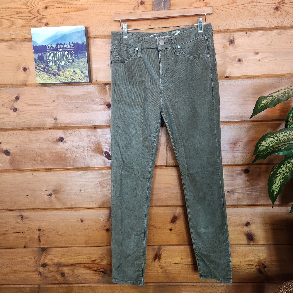 Seven7 💜 Olive Green Corduroy Pants Ultra High Rise Skinny Stretch Jeans 4 X28"